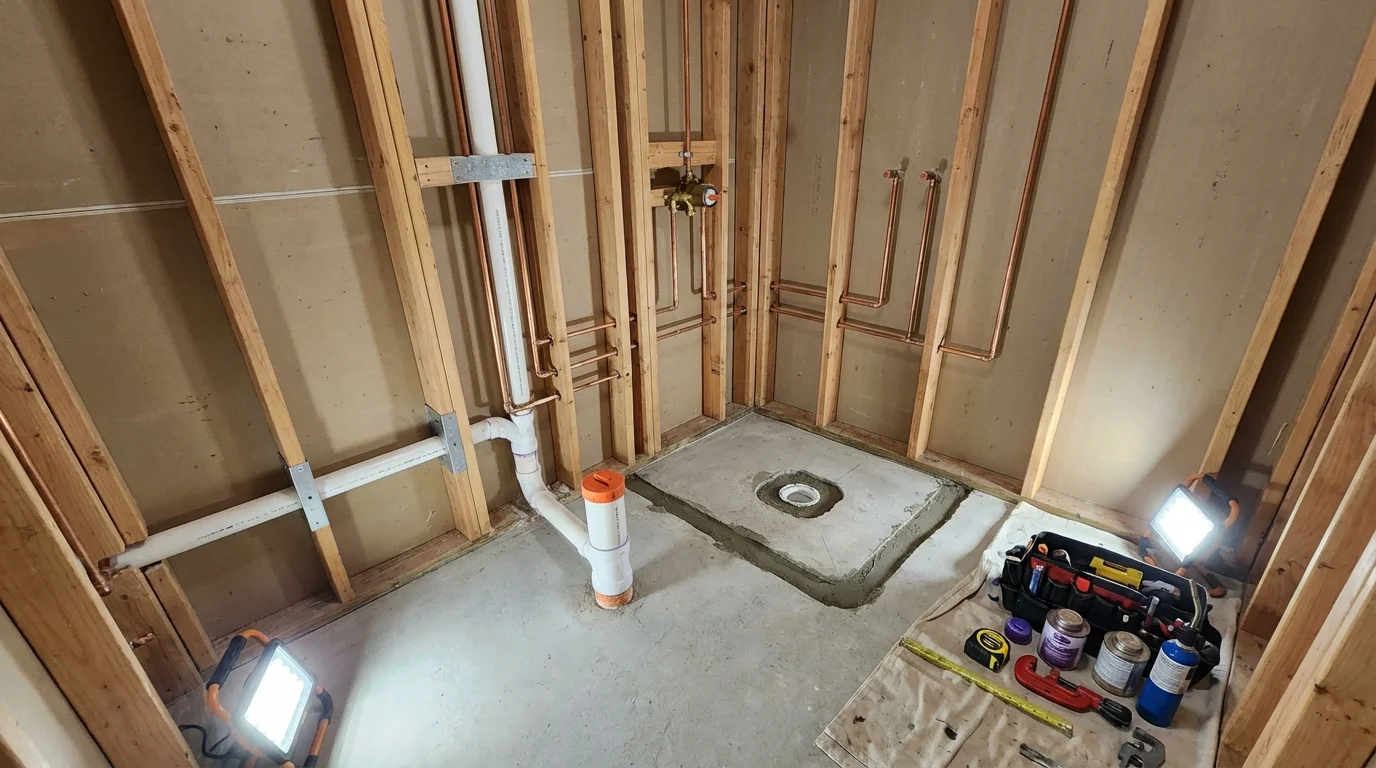 Bathroom rough-in plumbing during remodel by Johns Plumbing LLC in Salix