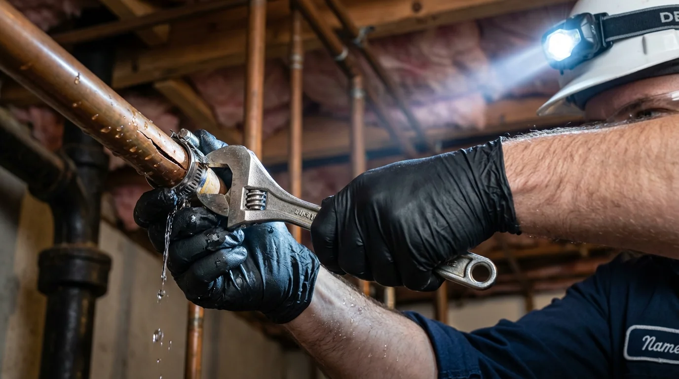 Emergency pipe clamp repair being performed by a Johns Plumbing LLC plumber in Salix
