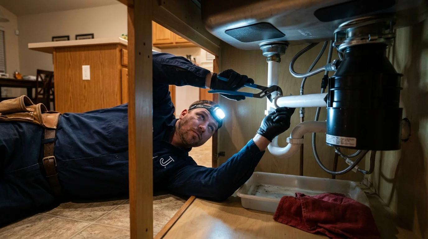 P-trap and supply line connections under a kitchen sink showing a common leak point in Salix, PA